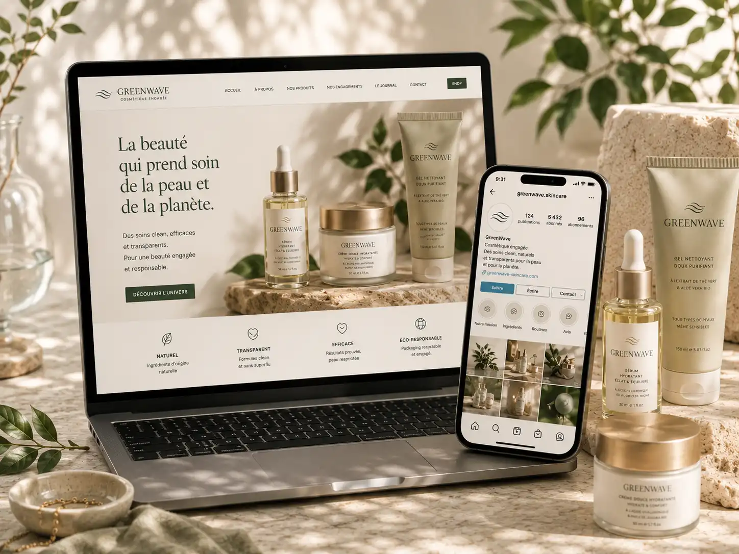 Étude de cas GreenWave Community, mockup skincare responsable sur ordinateur et mobile